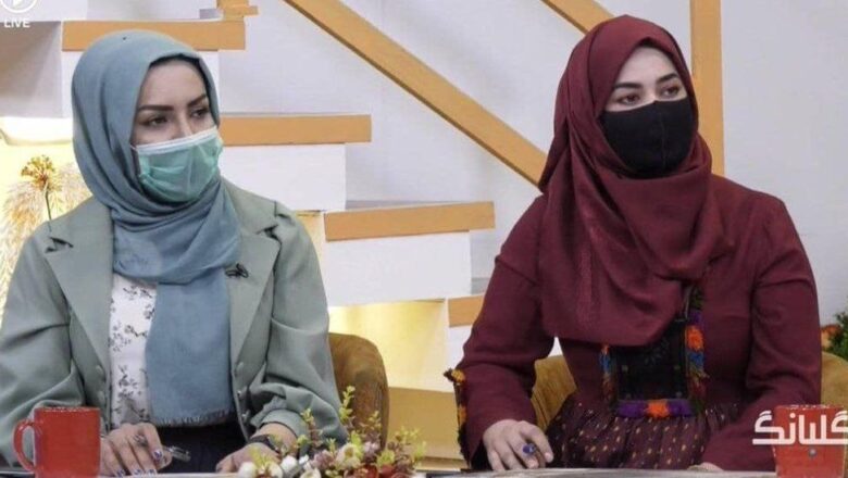 In Afghanistan Female TV presenters cover their faces following Taliban order .